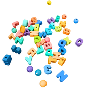 Scattered colourful alphabet beads and round beads for lacing and fine motor skill activities on a white background