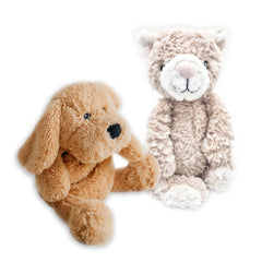 Plush weighted dog and cat toys in soft beige and cream colours, seated side by side on a white background.
