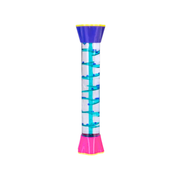 Blue and pink spiral liquid timer educational toy with clear tube and floating droplets on a white background