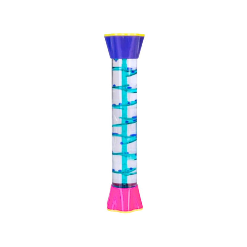 Blue and pink spiral liquid timer educational toy with clear tube and floating droplets on a white background