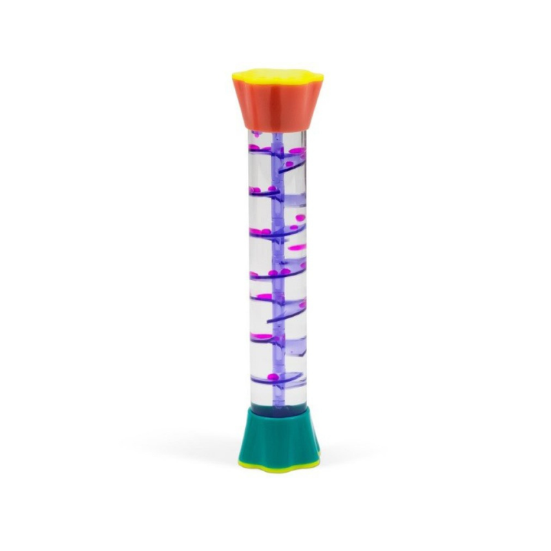Colourful spiral liquid timer with purple droplets in a clear tube and teal and yellow ends, an educational toy on a white background