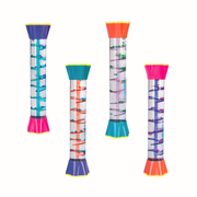 Colourful spiral liquid timers in blue red purple and pink displayed as educational toys on a white background