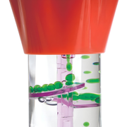 Spiral liquid timer with a red cap and green droplets flowing through clear chambers and pink pathways as a sensory tool
