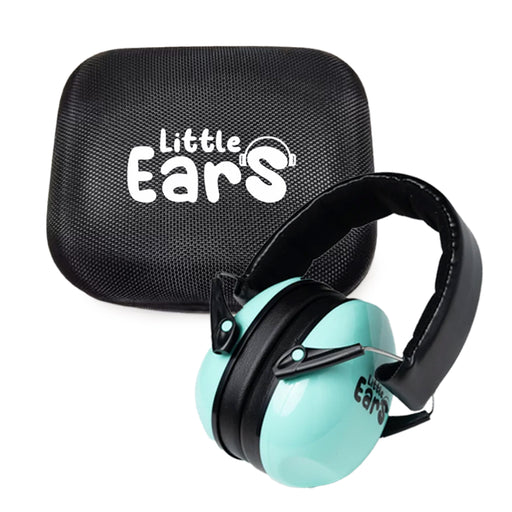 Aqua and black children's hearing protection ear muffs with padded headband, displayed next to a black hard storage case branded Little Ears.