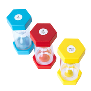 Educational sand activity timers in blue red and yellow showing 3 5 and 10 minutes
