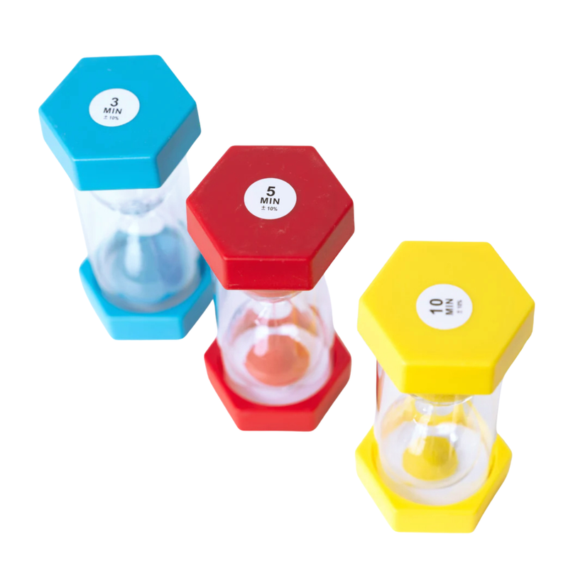 Educational sand activity timers in blue red and yellow showing 3 5 and 10 minutes