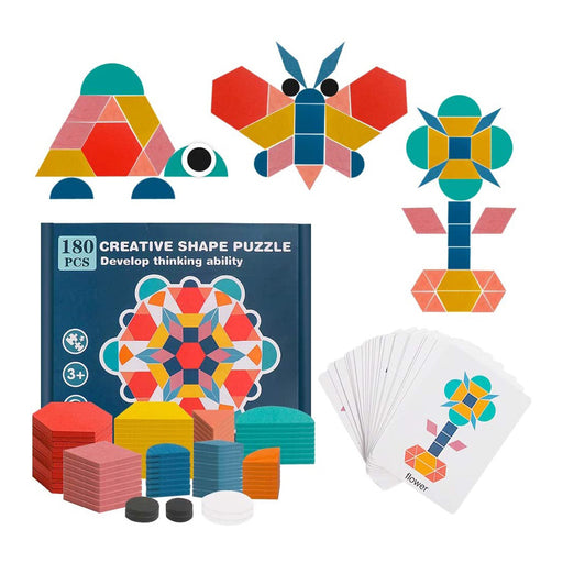 Rainbow-coloured geometric pattern blocks arranged into a turtle, butterfly, and flower, with a pack of matching cards and pieces on a white surface.