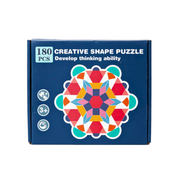 Blue box featuring a colourful geometric pattern puzzle on the front, labelled as a creative shape puzzle with 180 pieces for ages 3 and up.