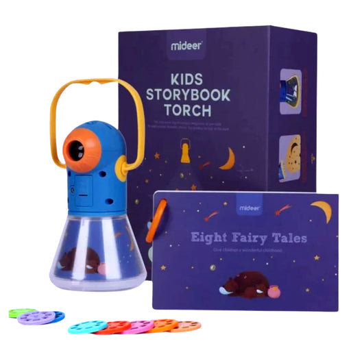 Blue and orange children's storytelling torch with a book titled Eight Fairy Tales, colour reels, and packaging box on a white background