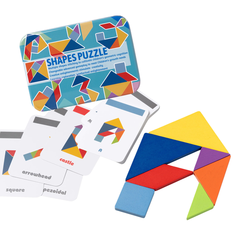 Shapes Puzzle toy set with a colorful metal tin, instruction cards, and geometric puzzle pieces on a white background.