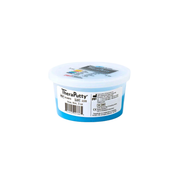 Small clear plastic tub of blue firm putty with white lid on a plain white surface, displaying a therapy hand exercise product label.