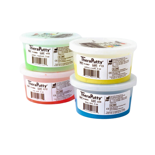 Four stacked tubs of coloured Theraputty hand exercise putty in pastel green, yellow, pink, and blue tubs with white lids and labels visible on each container.