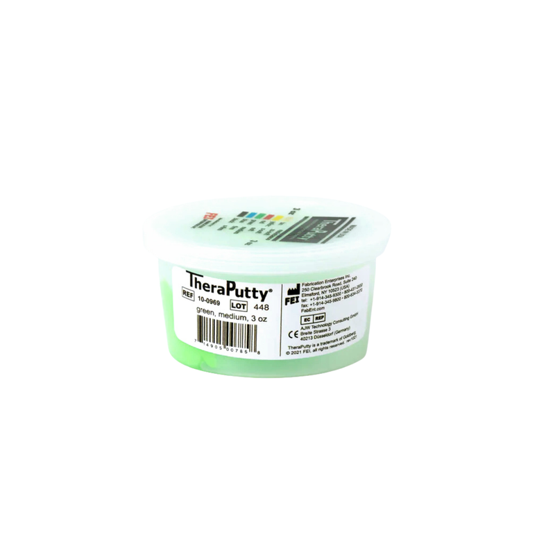 Small container of green hand exercise putty with white lid and printed label set against plain white background