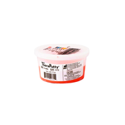 Small clear plastic container of red hand exercise putty with white lid and product label on a white surface against a plain white background