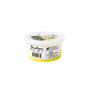 Small round container of yellow hand exercise putty with a white lid placed on a plain white surface.