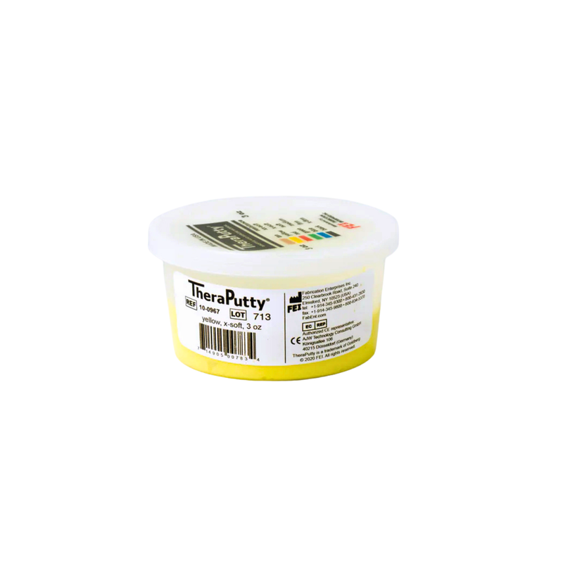 Small round container of yellow hand exercise putty with a white lid placed on a plain white surface.