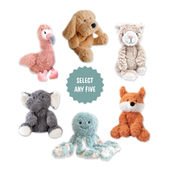 Six plush weighted toys including a flamingo dog cat elephant fox and octopus arranged around a select any five message