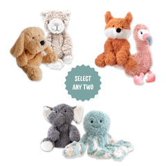 Weighted toy options featuring a dog cat fox flamingo elephant and octopus with a select any two message